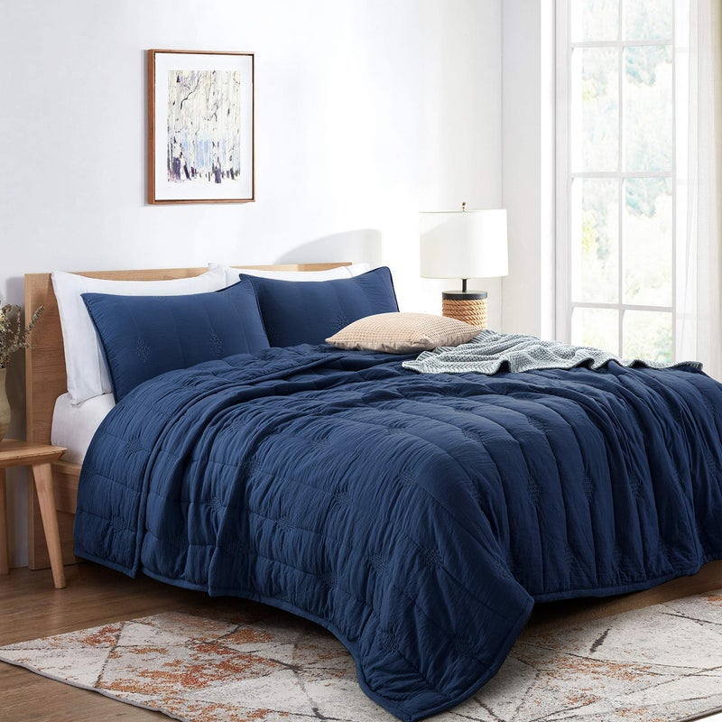 ANNA.Z HOME Queen Quilt Set, Lightweight Bedding Set, Washed Soft Fabric, Navy, Boho Embroidered Coverlet, All-Season, Machine Washable, 3-Piece Set, 1 Quilt + 2 Shams (Navy, Queen Set) - Image 2